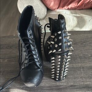 Black and Silver Heeled Boots with Studded Design